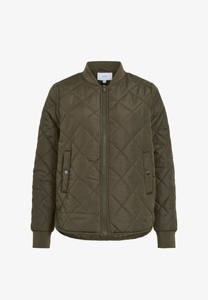 Oliveenvihreä tikattu bomber-takki, jossa on etuvetoketju, sivutaskut, resoroidut hihansuut ja sileä pinta.