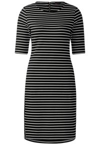 Svart och vit randig knälång klänning med rund halsringning, korta ärmar och dragkedja i ryggen, tillverkad av texturerad tyg.