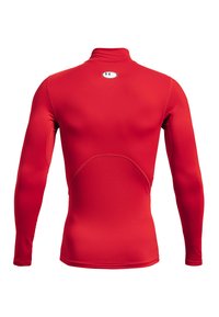 Rød langærmet atletisk skjorte med høj hals, glat tekstur og tætsiddende design. Har et lille logo på ryggen og syningsdetaljer.