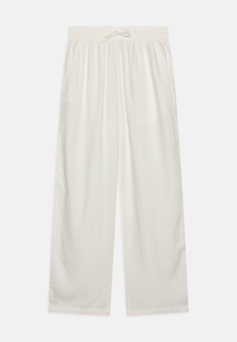 Pantalon blanc ample avec taille élastique et cordon, poches latérales, jambes larges et droites sur fond uni.