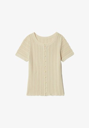 Maglietta a maniche corte in maglia color crema con scollatura rotonda, texture a righe verticali e chiusura centrale con sei bottoni.