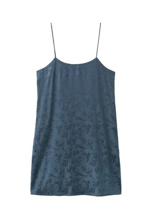 Camisola blu con motivo floreale, dotata di spalline sottili, realizzata in tessuto morbido, caratterizzata da una vestibilità ampia e una leggera lucentezza.