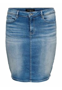 Gonna in denim azzurro chiaro con taglio diritto, chiusura frontale con bottoni e design a cinque tasche. Tessuto morbido con leggeri dettagli sbiaditi.