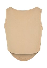 Top corto de canalé beige con escote redondeado y dobladillo curvado. La tela tiene una textura suave y cuenta con detalles de costura mínimos.