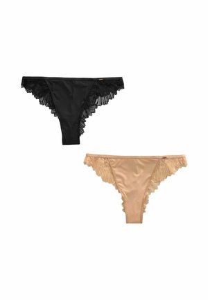 Mustad ja nude-lõngabd, millel on pitsist ääred; mustal on keerukas pitsäär, nude-lõngal on sile tekstuur ja pitsiaksendid külgedel.