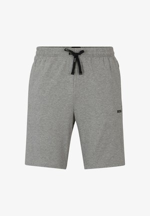 Grijze katoenen shorts met een trekkoord in de taille, zijzakken en een zwart logo. Rechte snit en een gladde structuur.