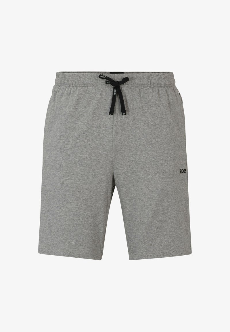 Pantaloni corti grigi in cotone con cintura regolabile, tasche laterali e un logo nero. Taglio dritto e texture liscia.
