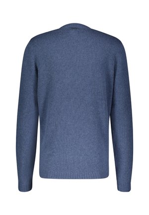 Blått strikket genser med rund hals, lange ermer og ribbet kant. Myk tekstur med jevn farge og subtilt design.