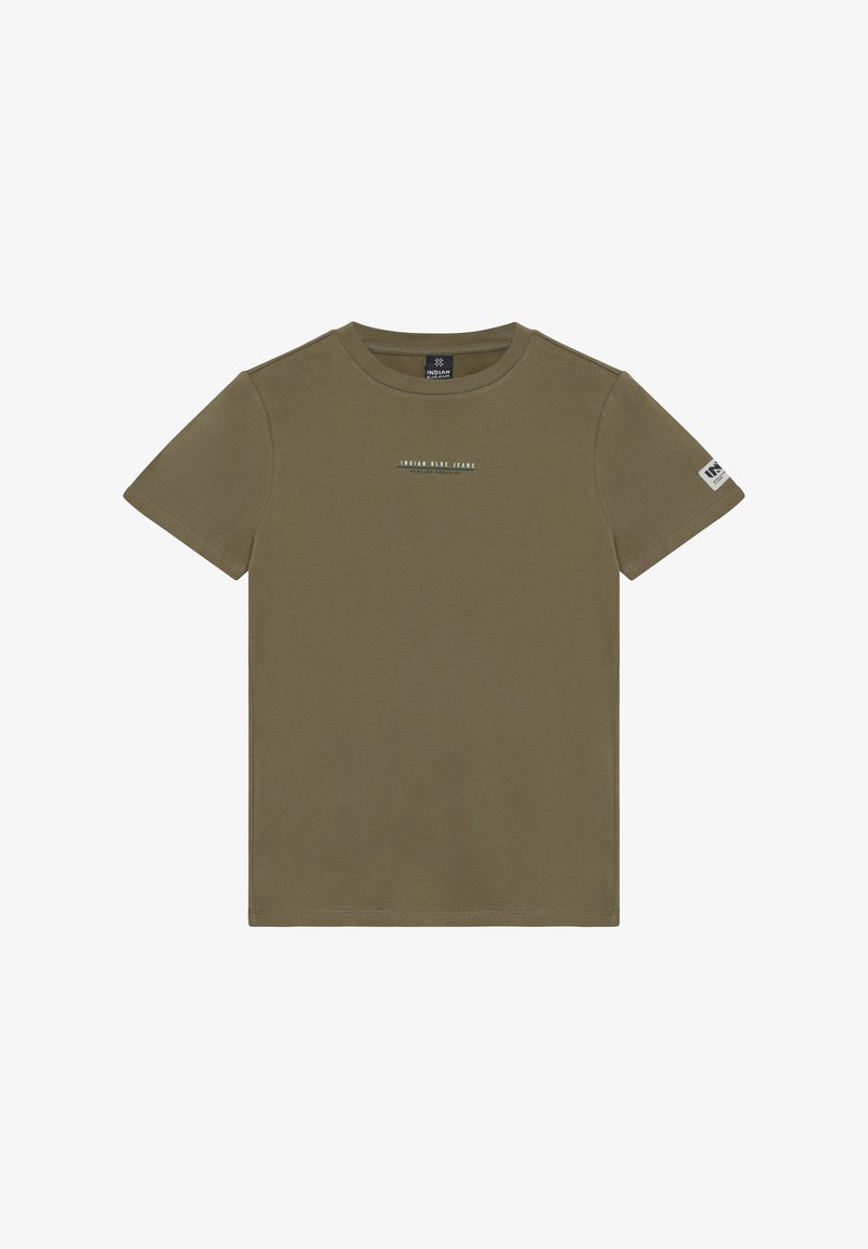 Olivgroen T-shirt met korte mouwen, gemaakt van zachte stof, met een kleine witte logoprint op de borst en een label op de mouw.