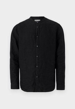 Schwarzes langärmliges Hemd aus Leinen mit Stehkragen, Knopfverschluss vorne und leicht strukturiertem Stoff.