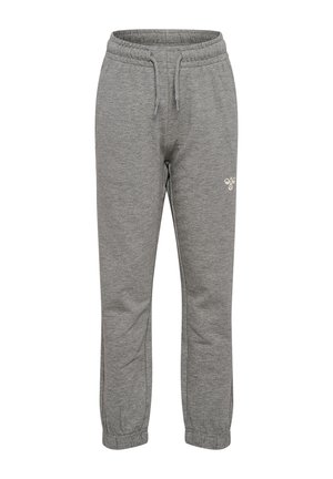 Pantalon de survêtement gris avec taille élastique et cordon, poignets élastiques, et un petit logo blanc sur la partie supérieure de la cuisse gauche.