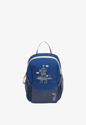 Sac à dos enfant bleu et gris avec illustration d'animaux empilés et bulles de dialogue, comprenant un renard, un chien, un âne, un chat et un oiseau, avec des poches latérales en mesh.