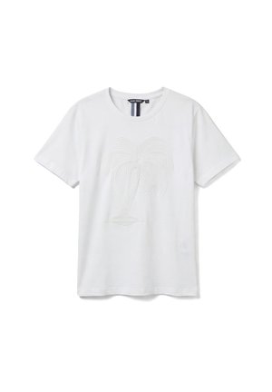 White short-sleeve t-shirt with a subtle embossed palm tree design on the front and a round neckline.