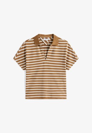 Gestreepte poloshirt in bruin en crème. Heeft een V-hals, korte mouwen en een ontspannen pasvorm. Getextureerde stof met horizontale strepen.