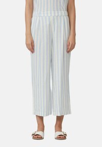 Lichtblauwe en witte gestreepte wijde broek met een elastische tailleband, gemaakt van een zachte, lichte stof. Verkorte lengte, ontspannen pasvorm.