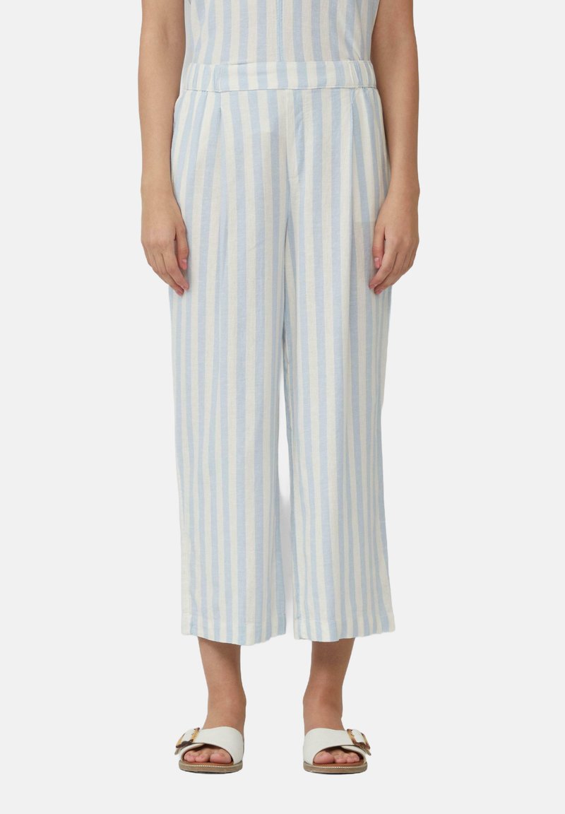 Lichtblauwe en witte gestreepte wijde broek met een elastische tailleband, gemaakt van een zachte, lichte stof. Verkorte lengte, ontspannen pasvorm.