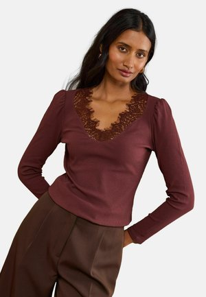 Love & Roses, PETITE FIT - LONG SLEEVE LACE V-NECK RIBBED JERSEY TOP - Long sleeved top - chocolate brown