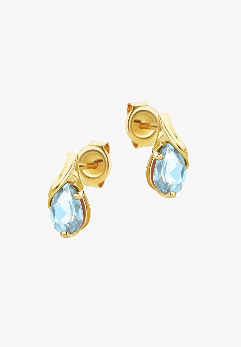 Kuldtooniga kõrvarõngad, millel on tilga kujuline selge sinine vääriskivi, millel on kaardus aktsendid ja sile viimistlus, rõhutades läikivat välimust.