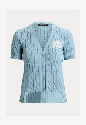 Lys blå kortermet kabelstrikket cardigan med knappestolpe foran og hvit brodert "RL"-logo på venstre bryst.