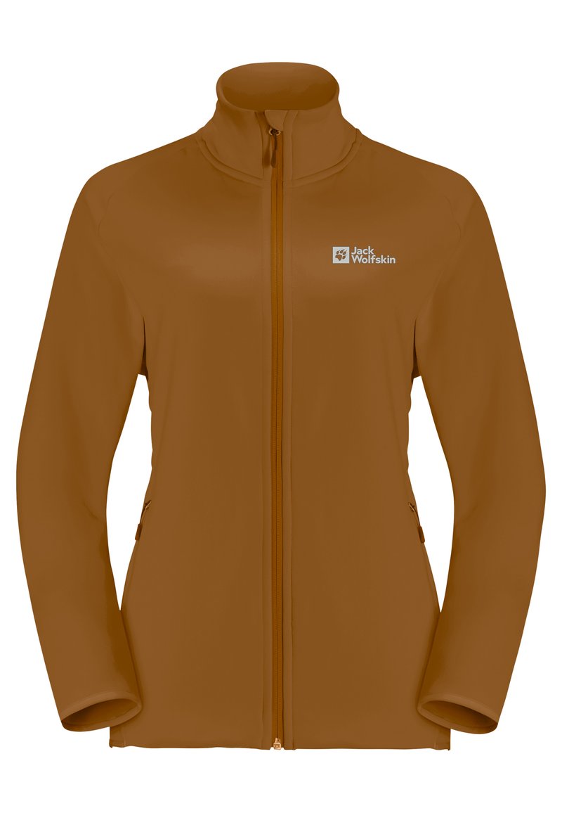 Bruine softshelljack met een hoge kraag, volledige rits en zijzakken. Voorzien van een logo op de linkerkant van de borst. Glad textuur, getailleerd ontwerp.