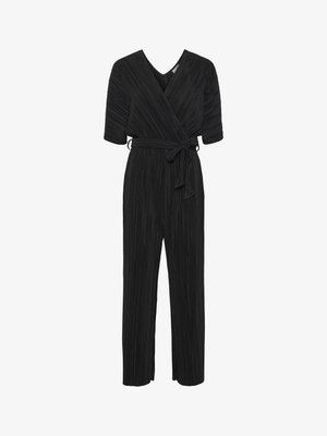 Black pleated jumpsuit with a V-neckline, short sleeves, and a waist tie. Features a straight-leg cut and textured fabric.