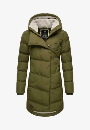 Olijfgroene pufferjas met een getextureerde binnenkant. Voorzien van een capuchon, diagonale ritssluiting en gestikte panelen voor isolatie.