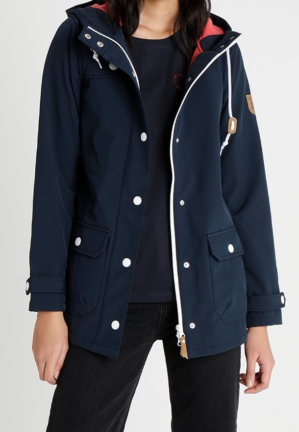 Navy waterproof jacket with a hood, white zipper, and snap buttons. Features side pockets and a contrasting inner lining. Smooth texture.