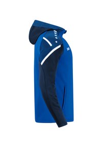 Blauwe hoodie met marineblauwe mouwen, witte accenten en een gestructureerde capuchon. Heeft een ritszak aan de zijkant en een sportief ontwerp.