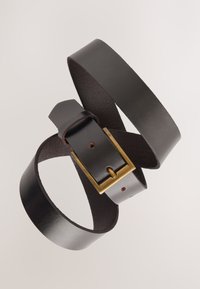 Black leather belt with a gold-tone metal buckle. Features two smooth, rounded straps overlapping, showing holes for size adjustment.