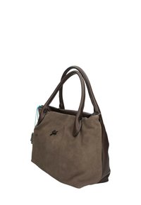 Borsa in suede marrone con manici e pannelli laterali in pelle marrone scuro, caratterizzata da un piccolo logo nero sulla parte anteriore e una zip blu.