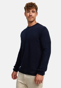 Marineblauer Langarmpullover mit strukturiertem Strick, Rundhalsausschnitt und enganliegenden Bündchen, getragen über hellen Hosen.
