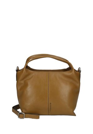 Braune Ledertasche mit zwei kurzen Griffen, verstellbarem Schulterriemen und vertikalem Naht mit kleinem Markentext vorne.