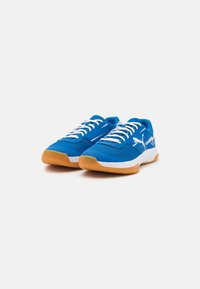 Blue athletic shoes with mesh upper, white laces, and a gum rubber sole. Features a sleek design and bright color contrast accents.
