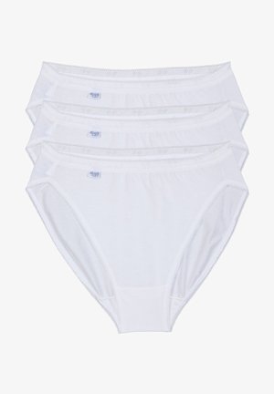 Set di quattro slip bianchi in cotone, caratterizzati da una texture morbida, un elastico in vita e un delicato bordo in pizzo lungo i bordi.