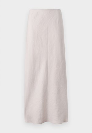 Lichtroze linnen maxi rok met een strakke, rechte stijl. De stof heeft een licht gestructureerd oppervlak en een elastische tailleband.