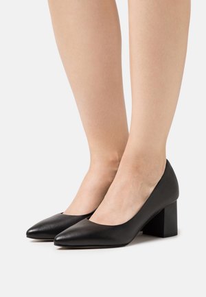 Escarpins à talons en cuir noir avec un bout pointu, une texture lisse, et un talon bloc épais, présentant un design élégant et moderne.