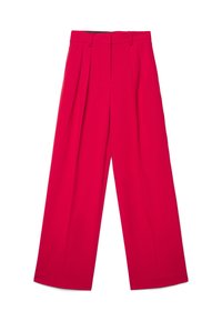 Weite Hosen aus glattem rotem Stoff, mit hoher Taille, Falten und maßgeschneiderten Nähten für eine strukturierte Silhouette.