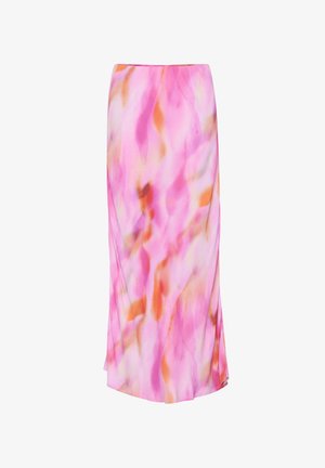 Una falda de longitud media en tejido transparente que presenta un patrón similar a una acuarela en tonos de rosa, naranja y crema, con una textura suave y fluida.