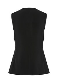 Top noir sans manches avec un corsage ajusté et un ourlet évasé. Fabriqué en tissu lisse sans quincaillerie ni motifs visibles, mettant en avant un design minimaliste.
