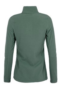 Giacca in pile verde con colletto alto, maniche lunghe e tessuto morbido al tatto. Presenta un design aderente e cuciture minime.
