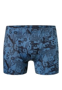 Blaue Boxershorts mit einem schwarzen Grafikdruck, der verschiedene Muster, Zahlen und Formen zeigt. Hergestellt aus einem weichen, elastischen Material.
