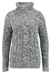 Dicker Strickpullover in Schwarz und Weiß mit hohem Kragen, Zopfmuster und gerippten Bündchen und Saum. Weicher Stoff und lässige Passform.