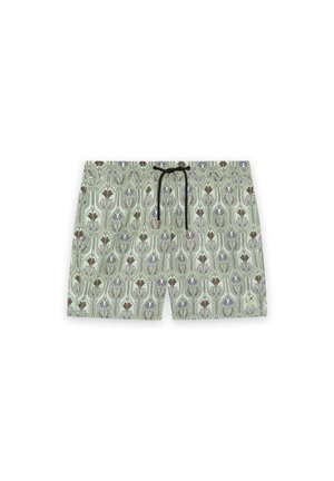 Shorts de bain légers pour homme en vert clair avec un cordon de serrage noir et un motif floral abstrait couvrant l'ensemble en marron et vert foncé.