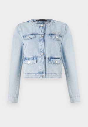 Light blue denim cropped jacket with long sleeves, two chest pockets, snap closures, and subtle embroidered detail on the chest.