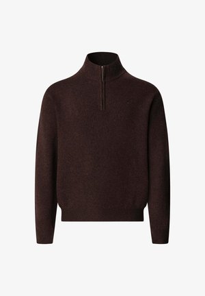 Maglione marrone con colletto alto e zip a un quarto. Tessuto a maglia con polsini e orlo a costine. Design semplice, senza motivi.