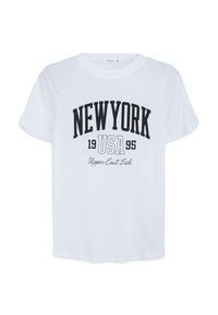 T-shirt bianco in cotone con stampa grafica nera recante le scritte "NEW YORK", "USA", "1995" e "Upper East Side", collo rotondo, maniche corte.