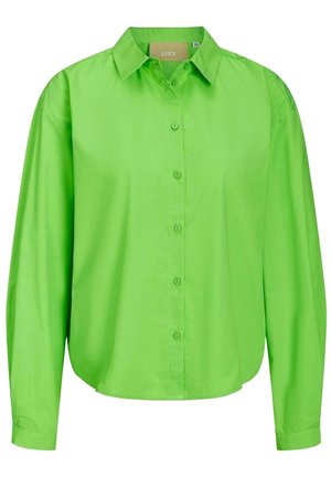 Bright green long-sleeve button-up shirt with a classic collar and a slightly curved hem, shown on a plain white background.