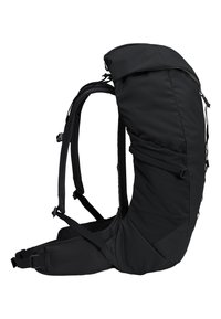 Sac à dos de randonnée noir haute capacité avec bretelles rembourrées, ceinture de hanche ajustable et sangles de compression sur fond blanc.