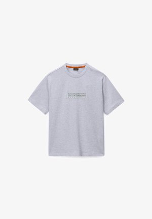 Gray short-sleeve t-shirt made of cotton, featuring a rectangular printed logo on the front and a ribbed crew neckline with orange accents.