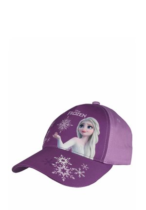 Cappellino da baseball viola con Elsa di Disney Frozen e motivi di fiocchi di neve bianchi sulla parte anteriore e sulla visiera.